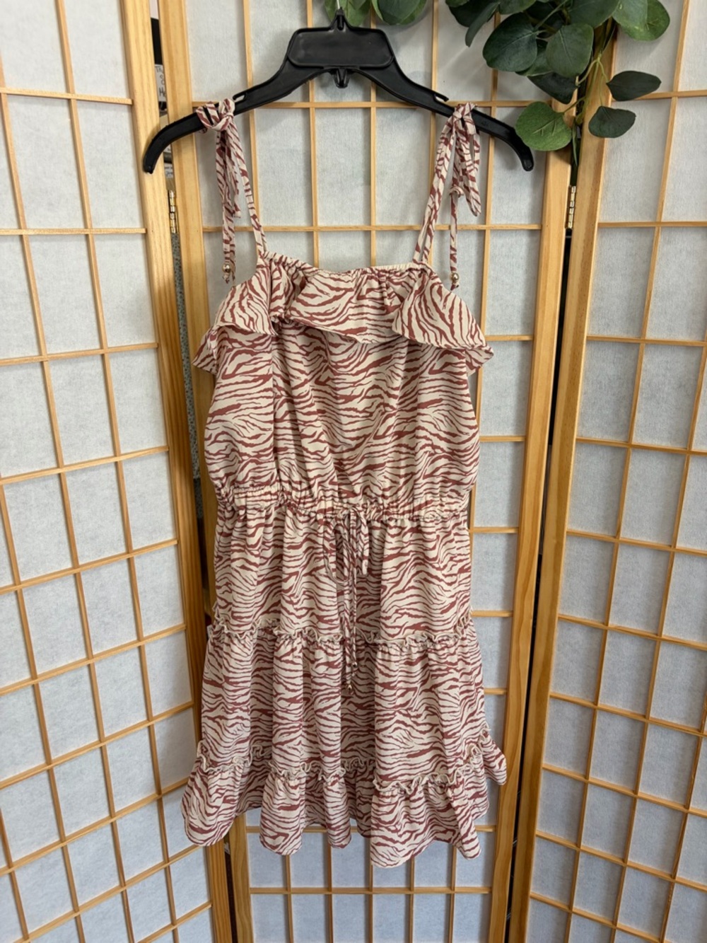 HYFVE Cream and Brown Zebra Print Tie-Strap Mini Dress
